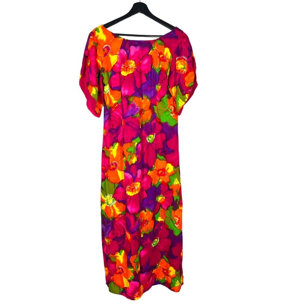 Vintage 60s Bight Multicolor Floral Print Short Sleeve Full Length Dress Medium